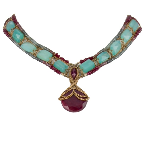 SOLD- ANTHONY NAK 18K Chalcedony, Ruby & Sapphire Collar Necklace - Picture 3 of 4
